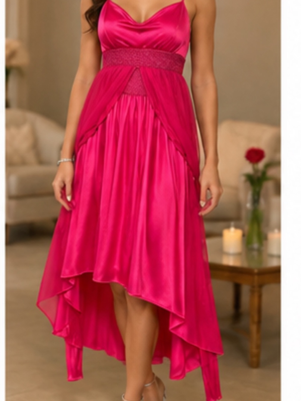 Fuchsia Satin High-Low Evening Dress with Cowl Neck